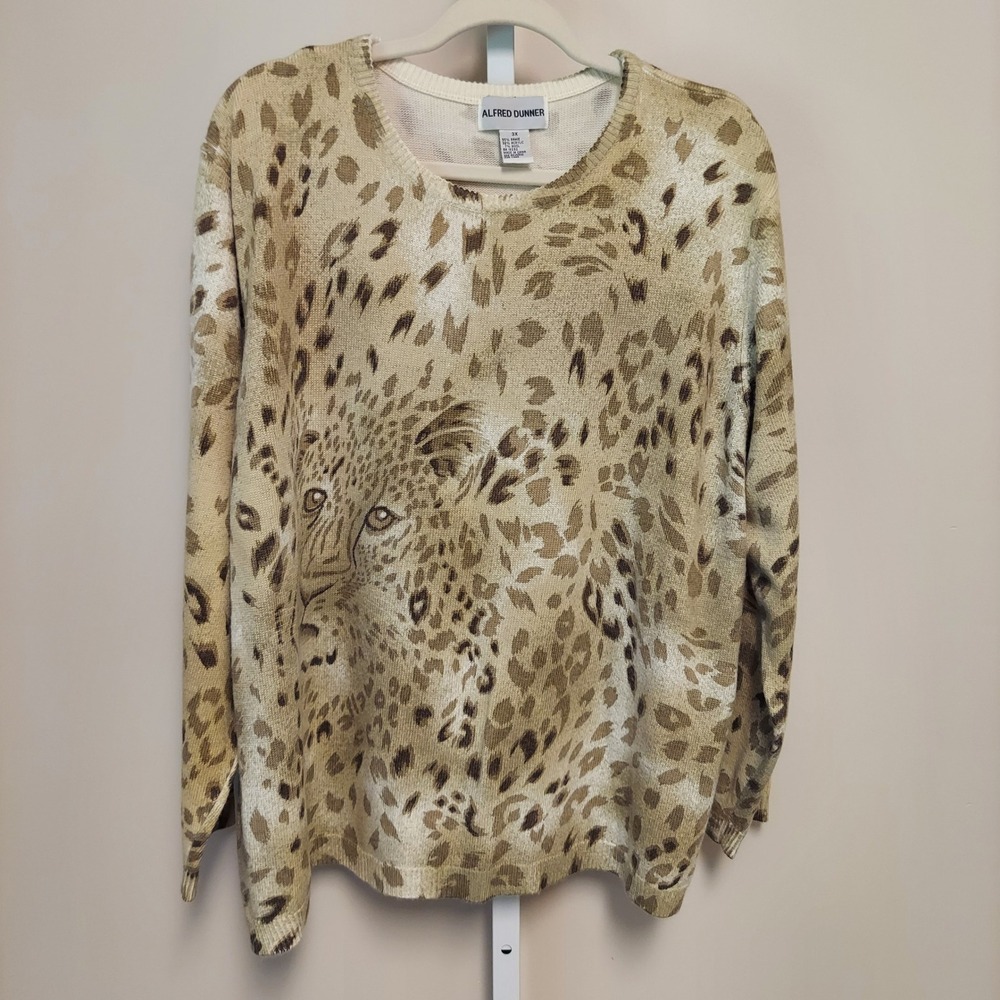 Alfred Dunner Womens 3X Leopard Print Big Cat Graphic Ramie Blend Sweater Tan